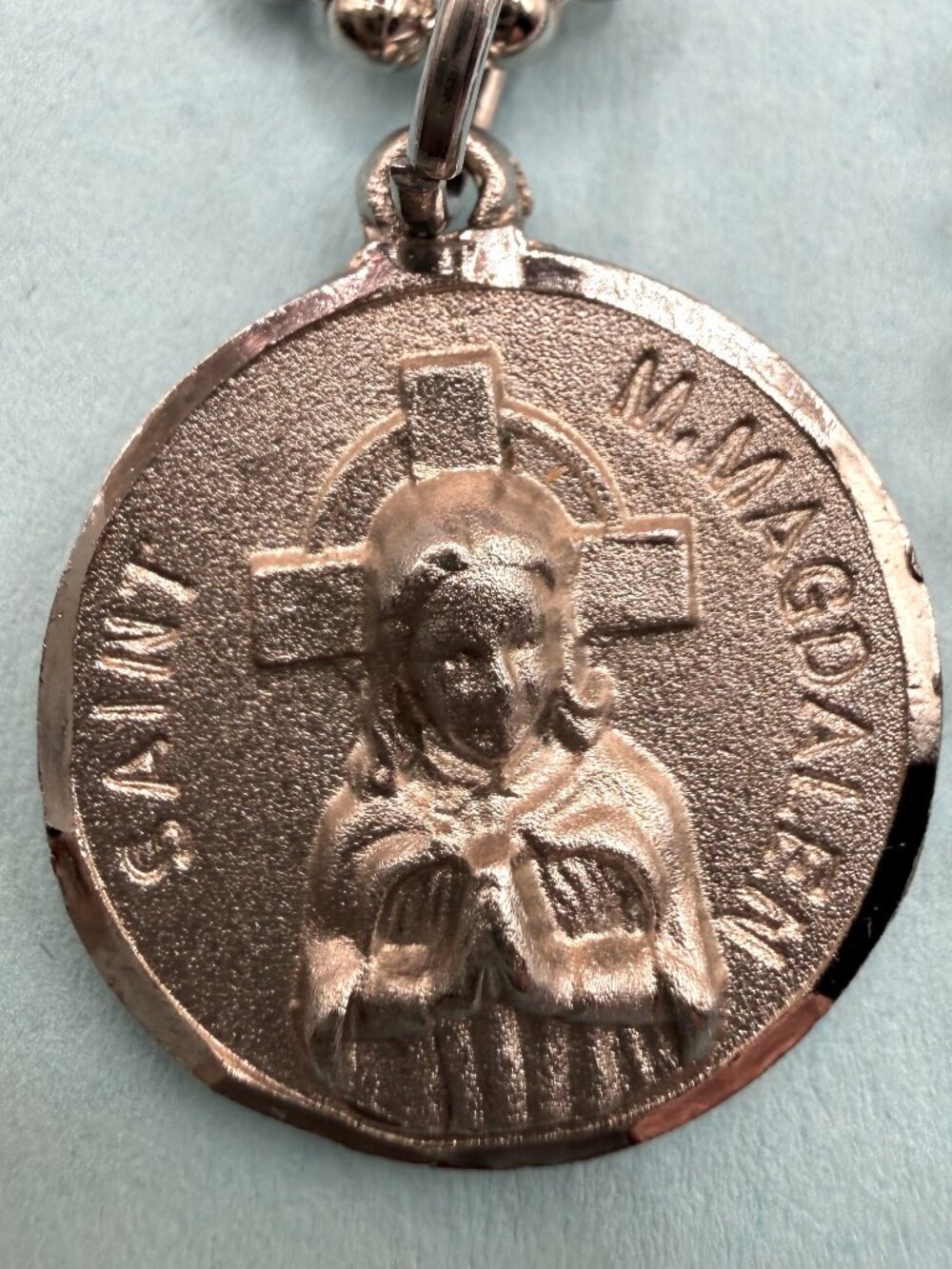 Vintage Mary Magdalene Religious Medal Charm Pendant Long Steel Chain Necklace